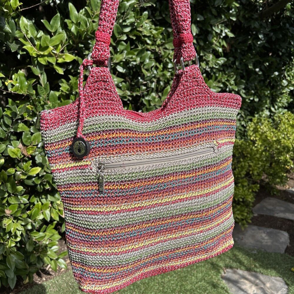 The Sak Satchel Hobo Shoulder Bag Crochet Knit Rainbow Belle Boho Bohemian